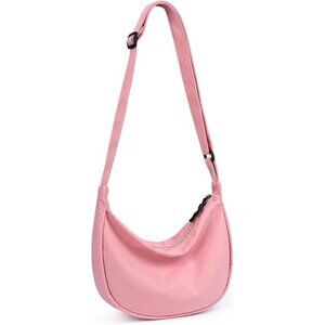 Mini Crescent Bag with Adjustable Strap, 2 Zippers Lightweight Nylon Bag - Rose